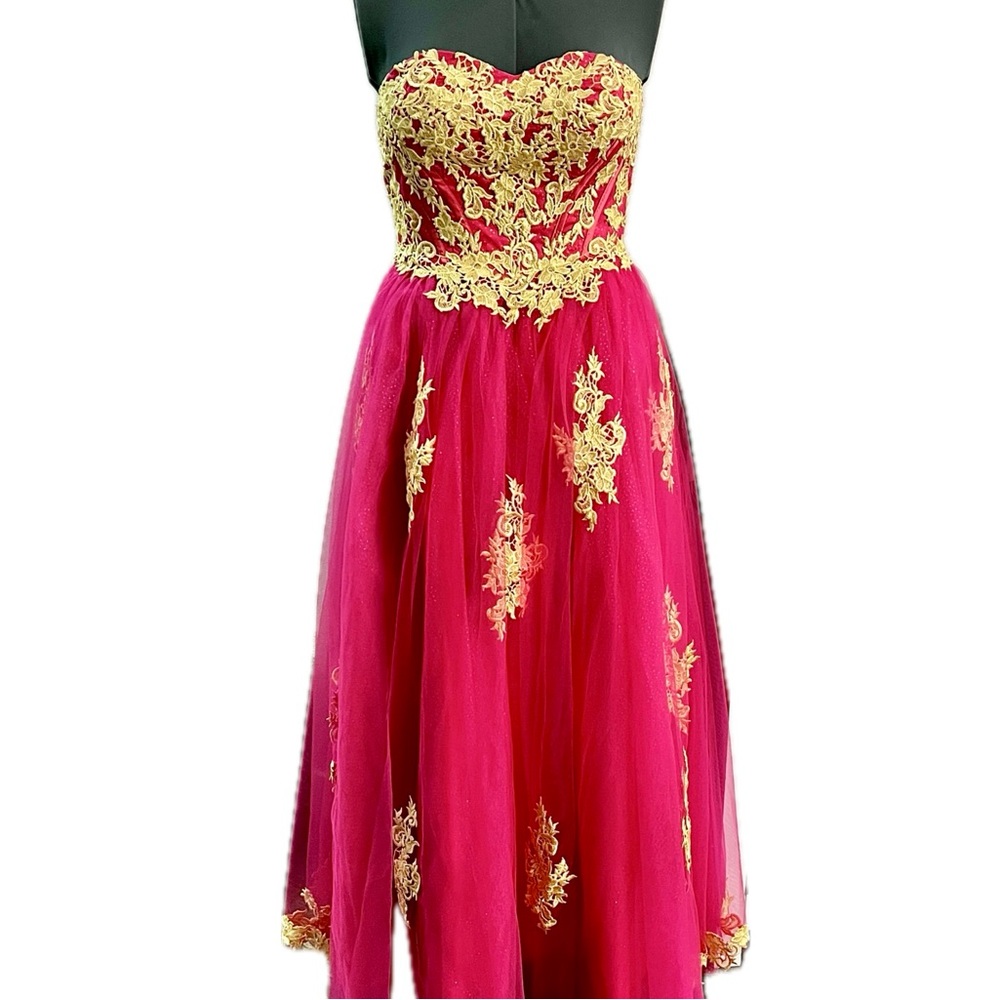Formal Strapless Pink and Gold Dress Ball Gown, corset Lace sparkle Medium 8-10